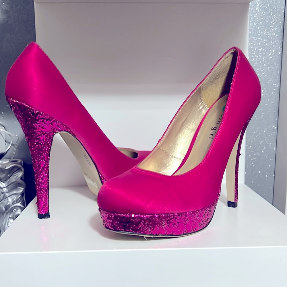 1 inch platform satin fushia heels with glitter heels